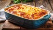 © Sergey - Fresh baked casserole with golden crust, ceramic baking dish on wooden surface, warm evening light, homestyle comfort food concept, detailed texture