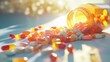 © Igor - A close-up of open vitamin pill bottles, with colorful tablets spilling out onto a pristine white surface illuminated by soft light .