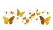 © PikaTech - A flock of golden butterflies on a stark black background, floating, seemingly in flight