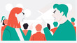 © DILL - Stylized flat illustration of a heated town hall debate with people arguing and listening