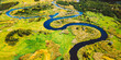 © Great Brut Here - Aerial View Green Forest Woods And River Landscape In Sunny Spring Summer Day. Top View Of Beautiful European Nature From High Attitude In Autumn Season. Drone View. Bird's Eye View