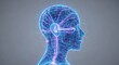 © Nurlinda - A 3D digital illustration of a human head in profile, showing nerve tissue and brain activity glowing in blue and purple.