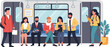 © hilih - Diverse commuters ride a train, some seated, others standing and holding devices