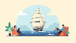 © hilih - Digital illustration of people working on laptops by a tall ship at sea