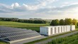 © Johnnii - A solar energy facility featuring solar panels and battery storage, set against a backdrop of lush green fields and a clear sky.