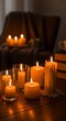 © Surati - Group of candles sitting on table next to book and cup of.