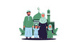 © yono - A Muslim family, including parents and two children, standing together in front of a mosque with a dome and minaret, depicted in a flat illustration style.