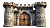 Front view of medieval stone castle gate with wooden door and towers, J (2122).png reference