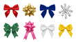 © MDNANNU - Assorted gift bow set including satin, metallic, velvet, and curly ribbon designs isolated. Festive decoration and birthday present wrapping collection.