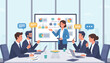 © Dikzma - Teamwork Office Vector Illustration with Business People Collaboration. Modern teamwork office vector illustration showing a group of business people collaborating in a professional workplace.
