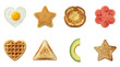 © MDNANNU - Creative shaped food set including heart egg, star pancake, watermelon, waffle, and toast isolated. Kids breakfast and bento lunch collection.