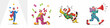 © Reno - Set of four illustrations showing colorful clowns performing various circus acts, including juggling, balloon twisting, slipping on a banana peel, and announcing with a megaphone.