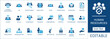 © Pixel Flat Design - Human resources icon set. featuring recruitment, leadership, teamwork, and employee management elements in blue flat style for corporate business and workforce