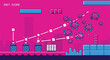 © Wiwa10 - Retro 8-bit pixel art video game screen with blue block characters battling abstract virus-like enemies on a vibrant pink background, digital illustration.
