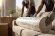 © Alona - Two movers handling packing supplies beside a couch during home relocation