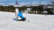 © Alex - a wheelchair user in a blue jacket on a monoski descends into the valley