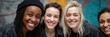 © Mind - Smiling friendship happiness diversity women casual outdoor urban cheerful togetherness group of friends enjoying joyful moment expressing positive emotions in city setting