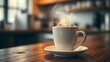 © Shylock - crema. Steam rises from a coffee cup on a wooden counter, creating a cozy and inviting scene. bar promotions, beverage menus, designed for food & beverage menus and cafe branding.