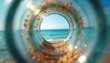 © miss irine - View through bottle neck shows ocean waves and sandy beach. Some dry sand particles stick to bottle glass from inside. Clear bright sunny day.
