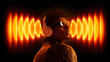© master1305 - Dynamic design portrait of man with headphones and orange sound waves. Concept of powerful music, sound intensity, audio branding, emotional response and modern media experience.