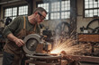 © AnnaStills - Middle aged Caucasian man operating industrial metal cutting saw in workshop, wearing protective goggles, generating bright sparks while working with machinery