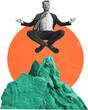 © master1305 - Business man meditating above mountain peak on transparent background. Concept of work life balance, business mindfulness, mental focus, stress management, leadership stability, and personal control.