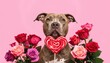 © HELENA - Adorable Pitbull dog holding a heart shaped lollipop surrounded by roses for Valentines Day celebration.