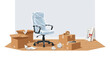 © Mimi - Office Chair Wrapped in Protective Plastic Film Surrounded by Cardboard Boxes in Room Ready for Moving