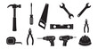 © SujetaRani - Black silhouette vector illustration set of construction tools, repair equipment icons featuring drill, saw, hammer, shovel, and paintbrush on white background,