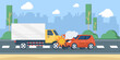 © FAHMI  - Car accident vector illustration showing a truck and car collision from the side. Road crash concept highlighting vehicle damage, traffic safety, and personal driving awareness.