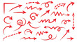 © saputra - Collection of various red hand-drawn arrow icons with different styles and directions on a white background.