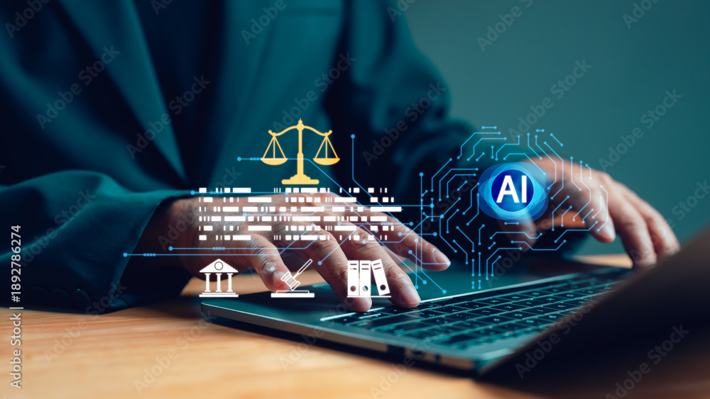 User working on laptop with AI brain and scales of justice icon ...