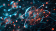 © ishmal - Image of atom models spinning on black background. Global science, research, connections, computing and data processing concept digitally generated image.