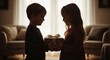 © Dece Std - Silhouette of boy giving gift to girl in softly lit interior