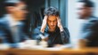 © Dao - Stress, migraine and motion blur with a business man in a meeting feeling frustrated, tired or overworked. Mental health, anxiety and headache with an exhausted male employee suffering from fatigue