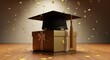 © Dece Std - Graduation cap atop golden gift box, confetti falling on wood surface