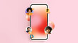 © Prostock-studio - A collage displays a smartphone as the central focus. Various people are shown around the phone, suggesting online communication. The background is pink, creating a vibrant scene.