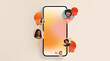 © Prostock-studio - A collage shows a smartphone in the center with graphic elements around it. Pictures of people are displayed, highlighting communication. The background is a light color.