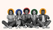 © Prostock-studio - Five individuals sit together with their backs against each other, all smiling and giving thumbs up. They are dressed casually and show happiness. Bright colors surround them.