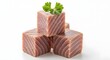 © Mian - Stacked cubes of fresh raw tuna loin garnished with a single sprig of green parsley sitting atop against a clean white background for culinary presentation.