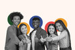 © Prostock-studio - Five friends stand together showing thumbs up. They smile and enjoy their time. The background features circles in different colors. This shows joy and friendship during a fun moment.