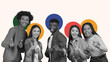 © Prostock-studio - Five young adults stand together and smile while pointing fingers. The background has colorful circles in various sizes. They are enjoying a fun moment together.