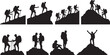© BeCoolOk - Black silhouettes of people climbing and standing on mountains with hiking gear also transparent background