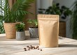 © SH Stock - Kraft paper stand-up pouch bag with coffee beans scattered on a wooden table, surrounded by green plants, ideal for product mockup and branding.