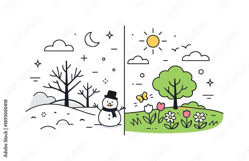 Seasonal Contrast Scene. Half winter half spring illustration. A single ...