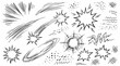 © zeshan - hand drawn comic effect set with motion lines speed strokes impact bursts explosions and dynamic energy marks in black and white sketch illustration style
