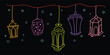 © shammi - colorful hanging lantern doodle set on black background, neon ramadan lantern hanging illustration line art, festive islamic lantern lights decorative vector set