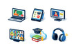 © Coosh448 - Digital Learning Icons Grid. Digital Education. Isometric flat vector icons set of Digital Education: laptop with online lesson, tablet learning app, video