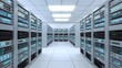 © DesignSells - Data center server racks in a bright modern interior - cinematic photo of high-tech infrastructure with cool blue LED lighting