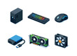 © Svitlana - Isometric Hardware Icons. Computer hardware. Isometric flat vector icons set of computer hardware: system unit tower, mechanical keyboard, optical mouse,